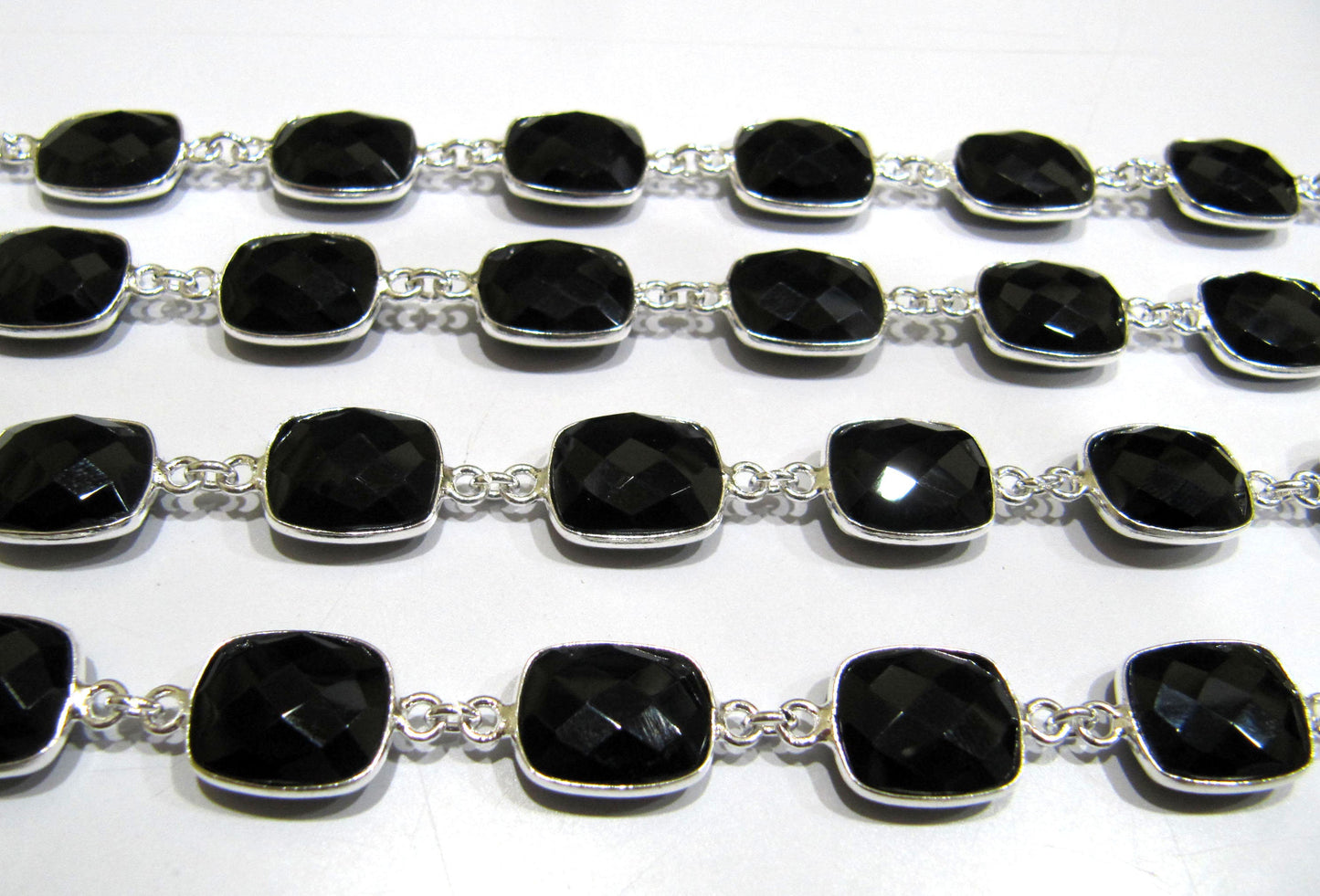 Natural Black Spinel Cushion Shape Size 11x13mm Briolette Faceted Rectangle Bezel Connector Chain Sold Per Foot High Quality Wholesale Price