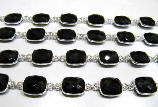 Natural Black Spinel Cushion Shape Size 11x13mm Briolette Faceted Rectangle Bezel Connector Chain Sold Per Foot High Quality Wholesale Price