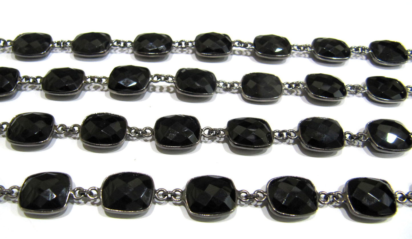 Natural Black Spinel Cushion Shape Size 11x13mm Briolette Faceted Rectangle Bezel Connector Chain Sold Per Foot High Quality Wholesale Price