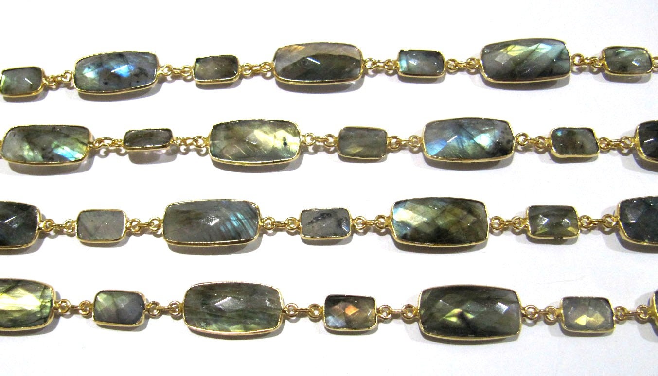 Natural Labradorite Rectangle Shape Briolette Faceted Alternet Bezel Connector Chain Sold Per Foot High Quality Wholesale Prices