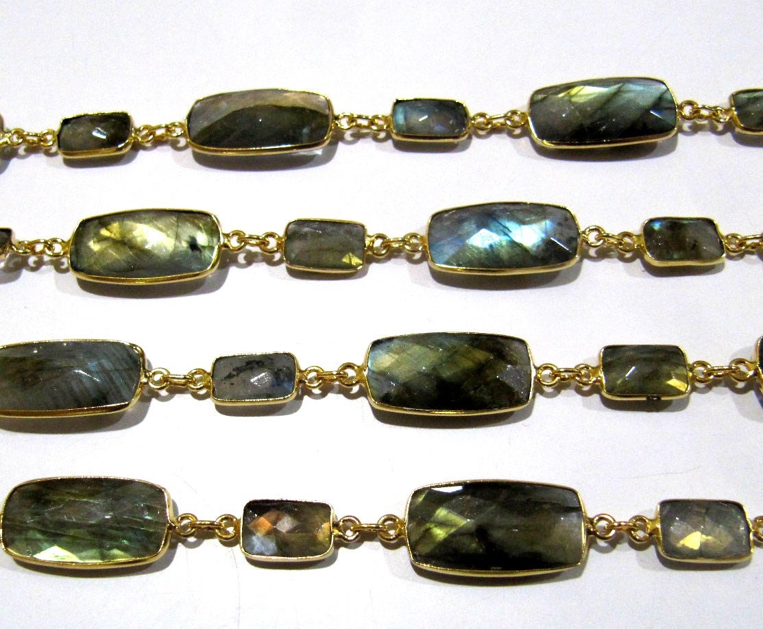 Natural Labradorite Rectangle Shape Briolette Faceted Alternet Bezel Connector Chain Sold Per Foot High Quality Wholesale Prices