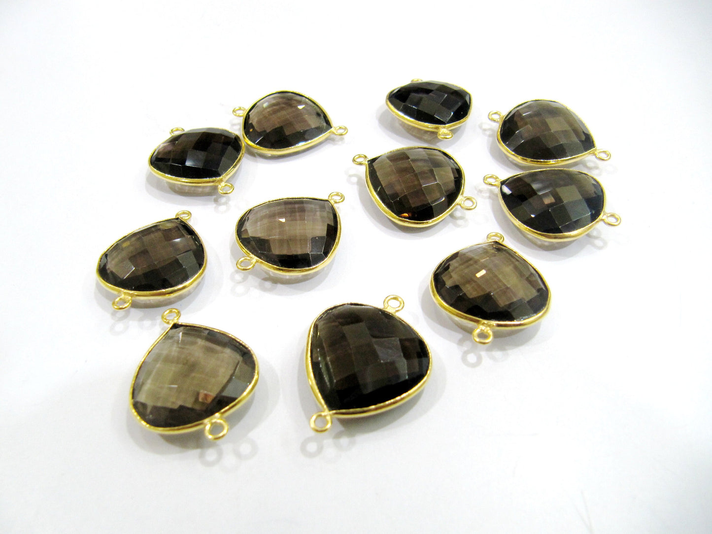6 Pcs Set Natural Smoky Quartz Heart Shape 20mm Briolette Connectors Quartz Plated Double Loop Bezel Jewelry Making Bezel Connectors