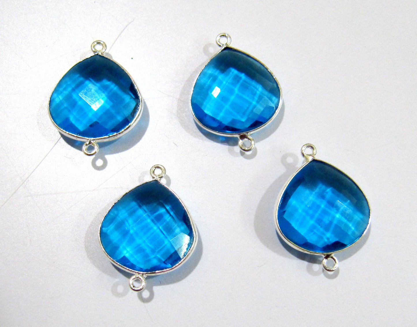 6 Pcs Set Swiss Blue Topaz  High Finished Heart Shape 17mm Briolette Connectors Quartz Plated Double Loop Bezel Jewelry Making Connector