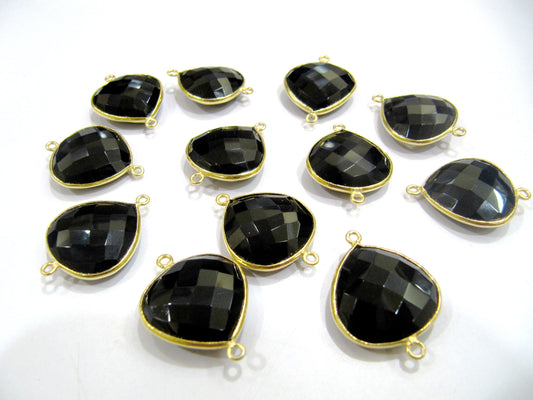 Natural Black Spinel Heart Shape 20mm Briolette Connectors Double Loop Handmade Bezels Charms Pendants sold per piece