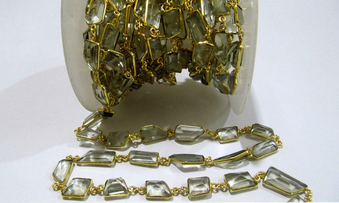 Natural Green Amethyst Free Shape Laser Cut 10-12 mm Connector Bezel Chain Gold Sold Per Foot High Quality Wholesale Prices Jewelry chain