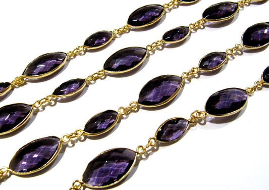 Amethyst Marquise Shape Laser Cut Briolette Connector Chain Gold Plated Sold Per Foot High Quality Wholesale Prices Jewelry chain