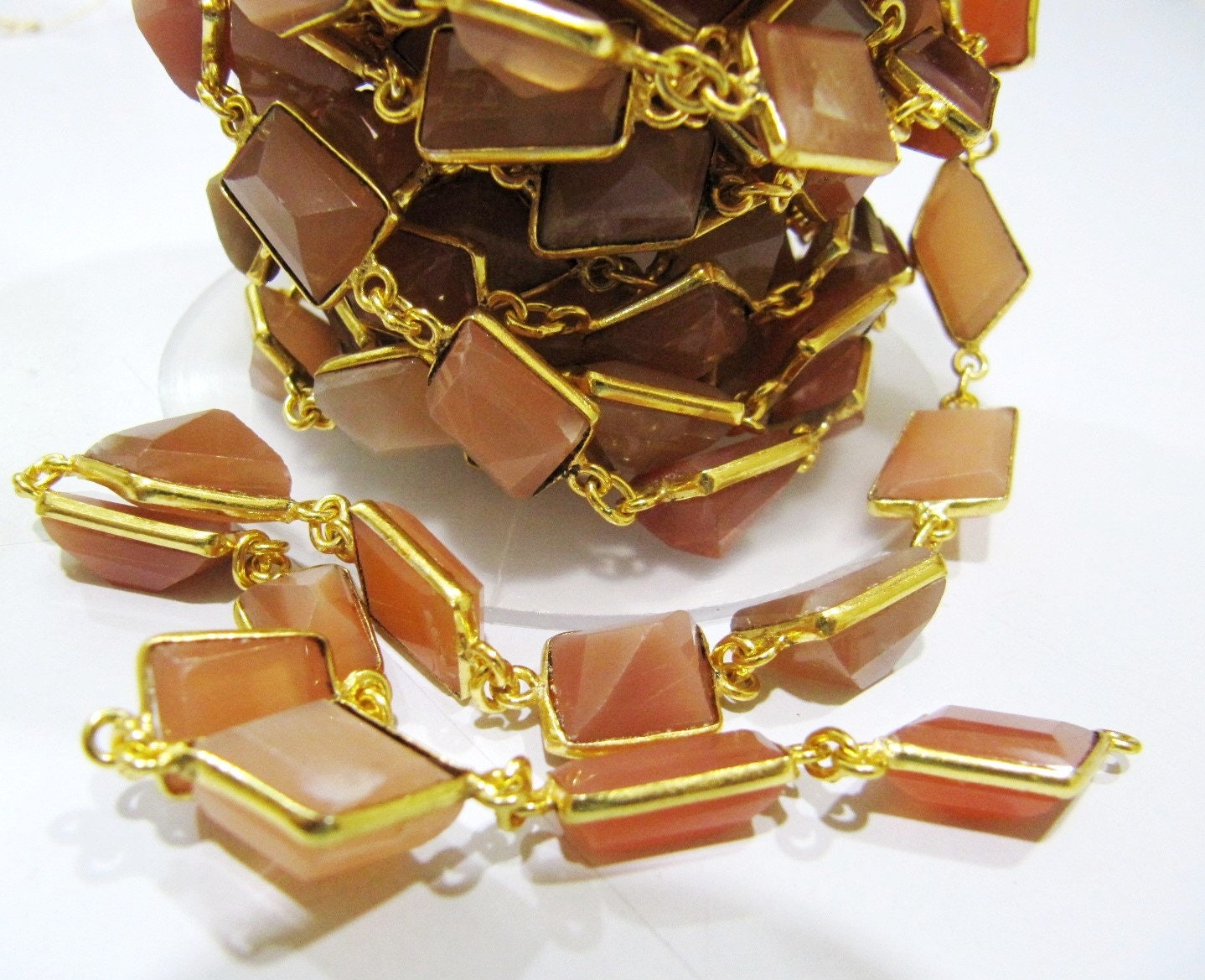 Natural Peach Moonstone Free Shape Laser Cut 10-12 mm Connector Link Chain Sold Per Foot High Quality Bezel Handmade Chain