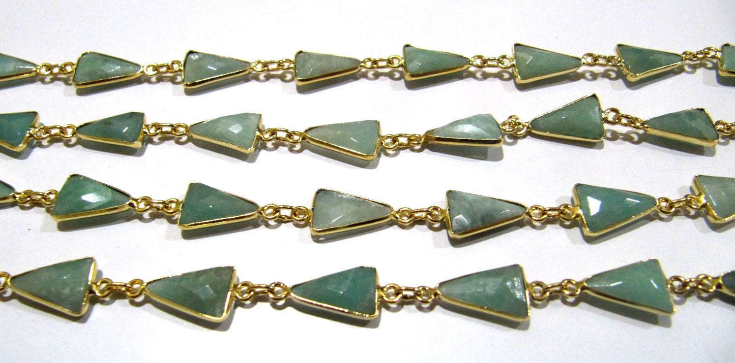 Natural Amazonite Trillion Shape Briolette Faceted Bezal Connector Chain 10x13mm Gold Plated Sold Per Foot High Quality jewelry making