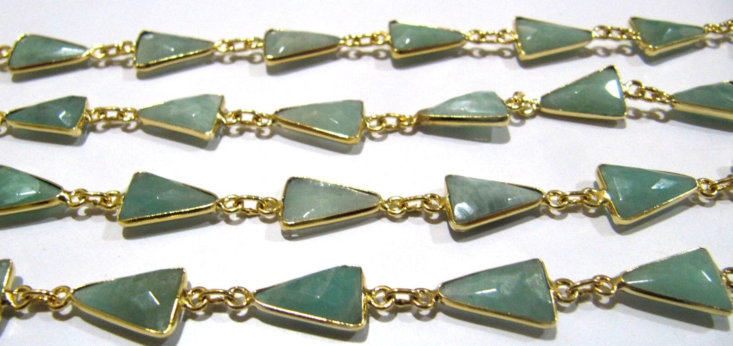 Natural Amazonite Trillion Shape Briolette Faceted Bezal Connector Chain 10x13mm Gold Plated Sold Per Foot High Quality jewelry making