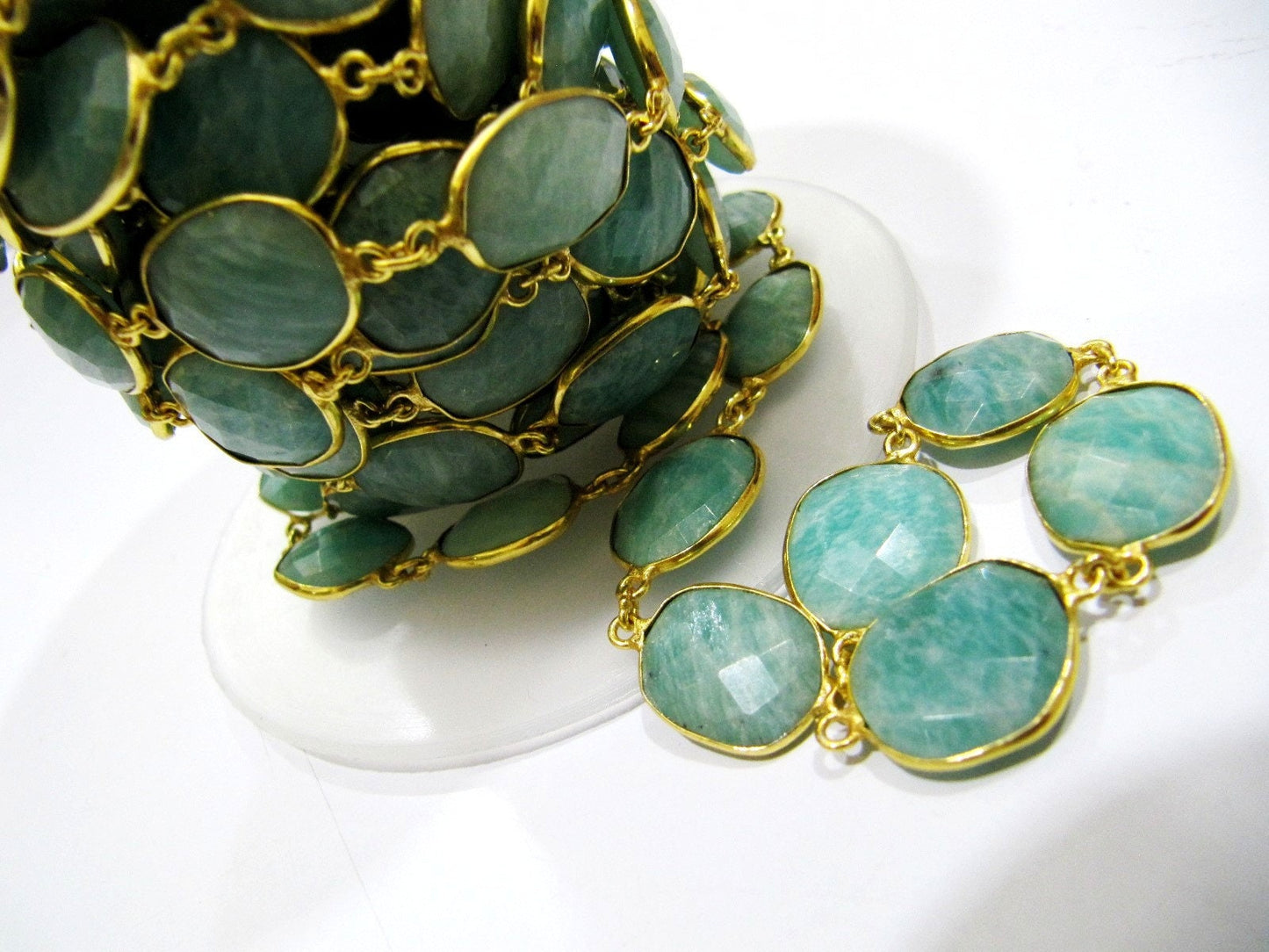 Natural Amazonite Uneven Shape Briolette Connector Chain Size 15x18mm  Gold Plated Sold Per Foot High Quality Beads Wholesale prices
