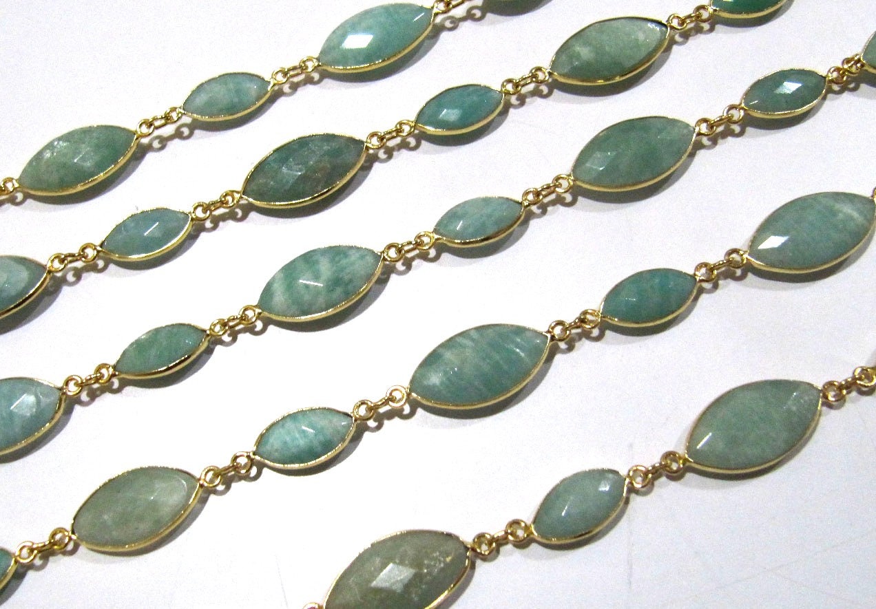 Natural Amazonite Marquise Shape Laser Cut Briolette Connector Chain Gold Plated Sold Per Foot High Quality Wholesale Prices Jewelry chain