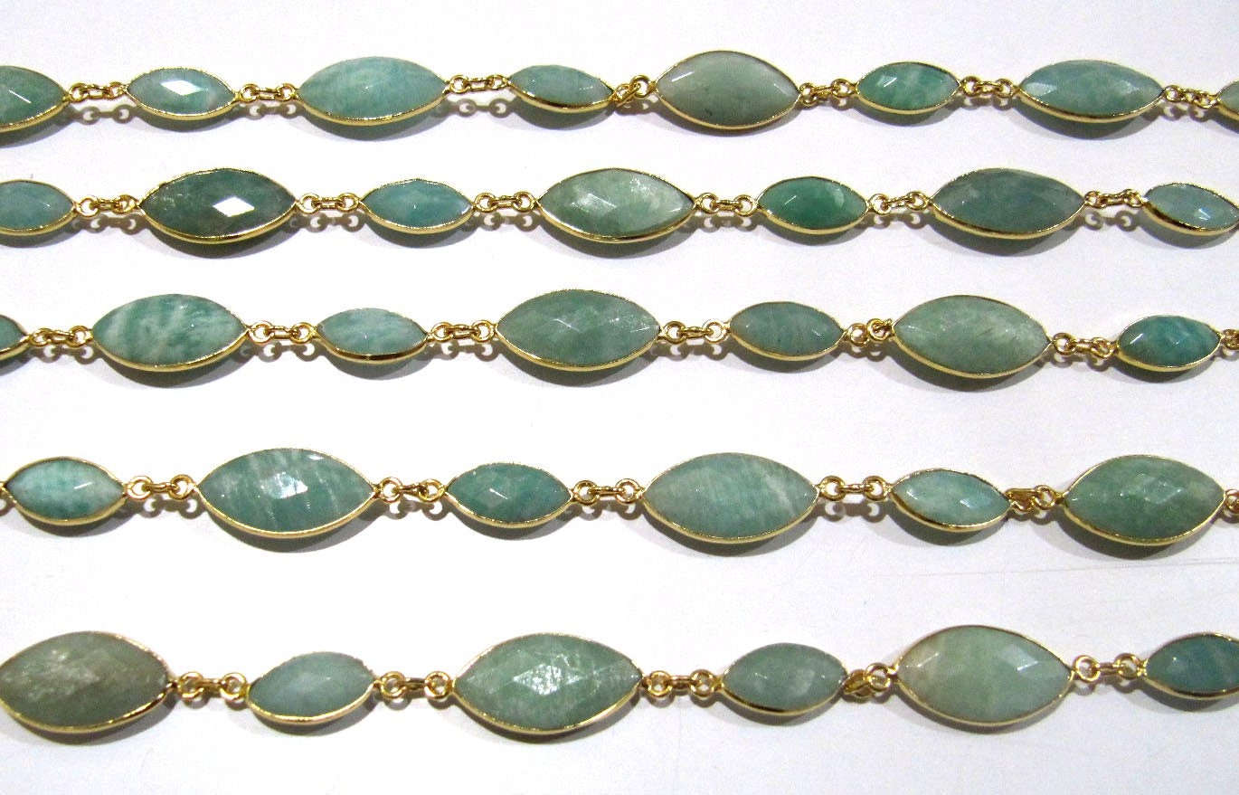 Natural Amazonite Marquise Shape Laser Cut Briolette Connector Chain Gold Plated Sold Per Foot High Quality Wholesale Prices Jewelry chain