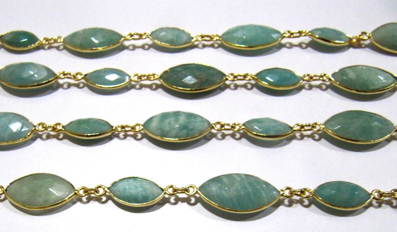 Natural Amazonite Marquise Shape Laser Cut Briolette Connector Chain Gold Plated Sold Per Foot High Quality Wholesale Prices Jewelry chain