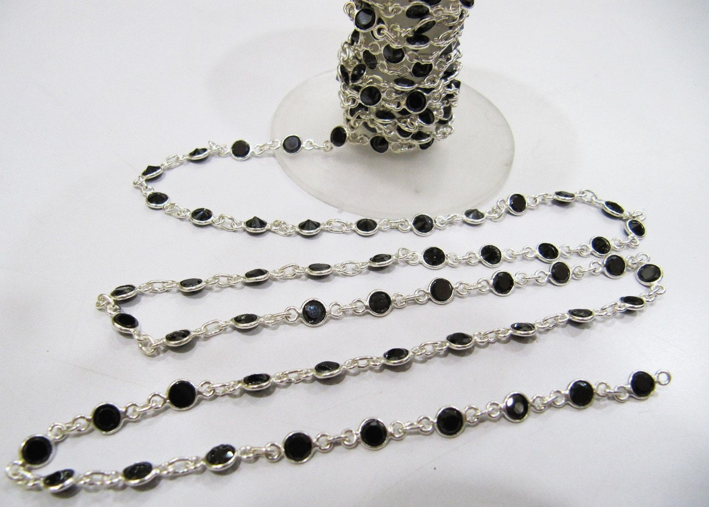 Natural Black CZ Briolette 4mm Round Stone Bezel Connector Chain  Sold Per Foot High Quality Wholesale price Jewelry making chain