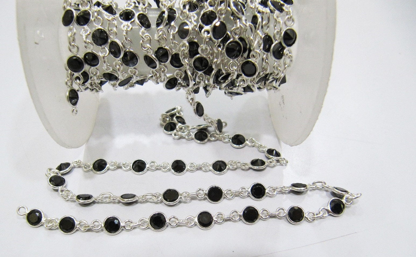 Natural Black CZ Briolette 4mm Round Stone Bezel Connector Chain  Sold Per Foot High Quality Wholesale price Jewelry making chain