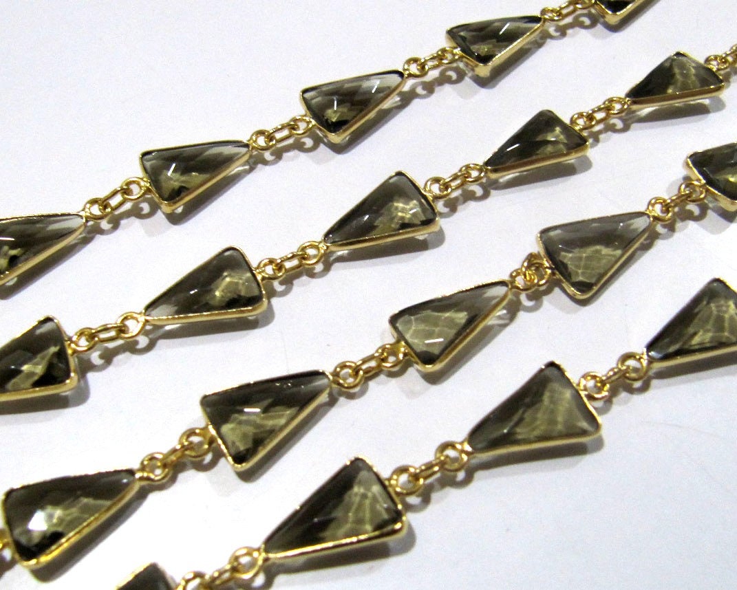 Natural Smoky Quartz Trillion Shape Briolette Faceted Bezel Connector Chain 10x13mm Gold Plated Sold Per Foot High Quality jewelry making