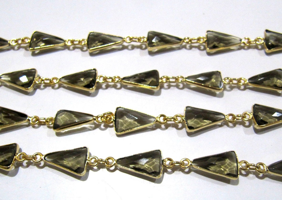 Natural Smoky Quartz Trillion Shape Briolette Faceted Bezel Connector Chain 10x13mm Gold Plated Sold Per Foot High Quality jewelry making