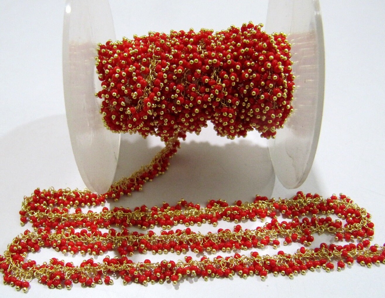 Red Coral Smooth 2mm Beads Cluster Chain Handmade Hydro Quartz Wire Wrapped Beaded Cluster Dangling Chain Sold Per Foot