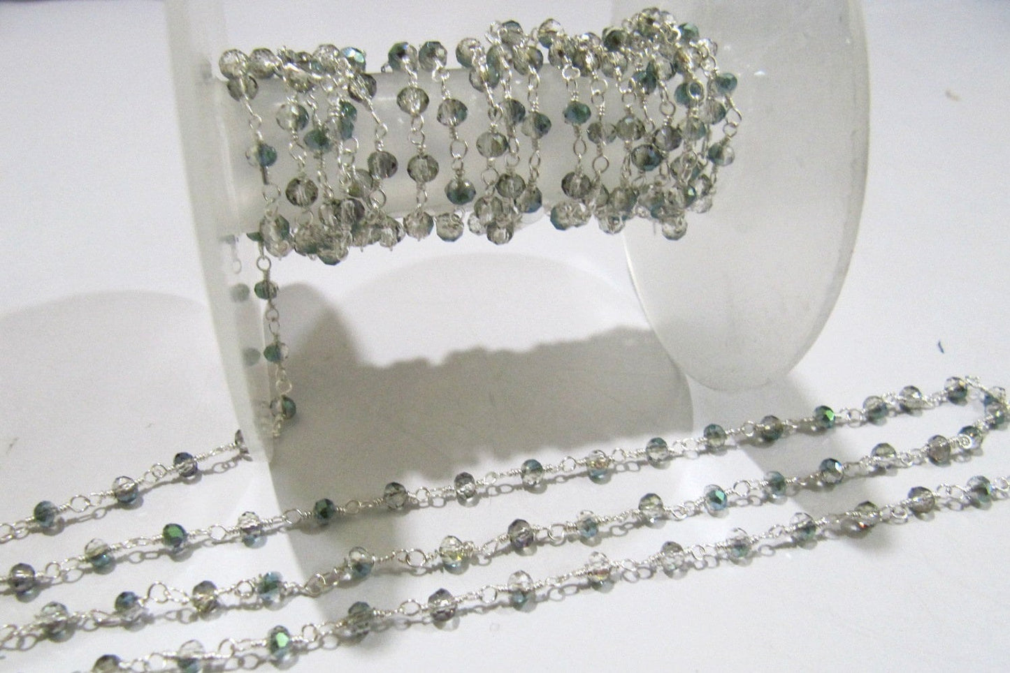 3 Feet-Peacock Pyrite Hydro Quartz AB Coated Rondelle 3mm Faceted Beaded Rosary Chain High Quality Wholesale Price Crystal Chain