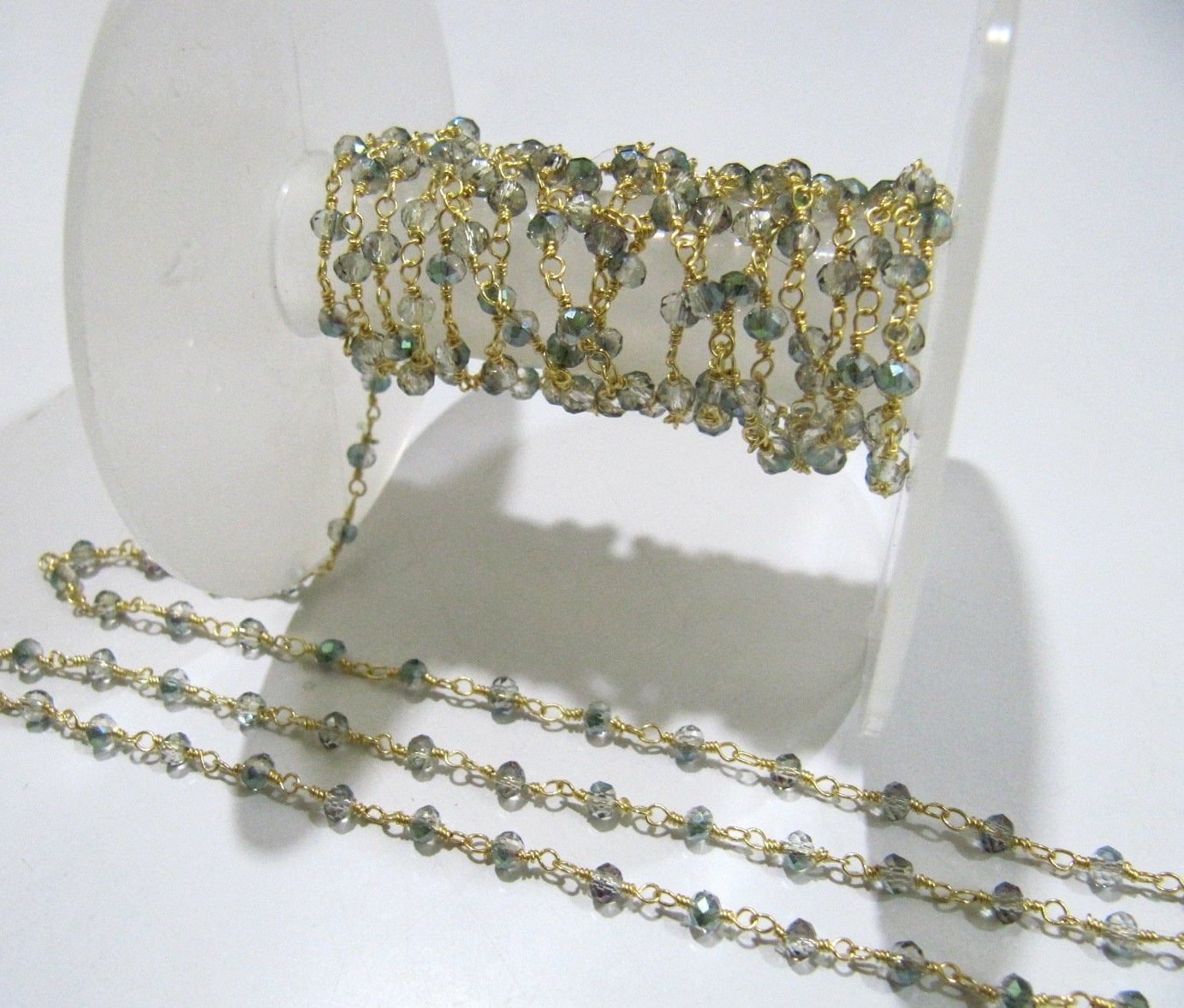 3 Feet-Peacock Pyrite Hydro Quartz AB Coated Rondelle 3mm Faceted Beaded Rosary Chain High Quality Wholesale Price Crystal Chain