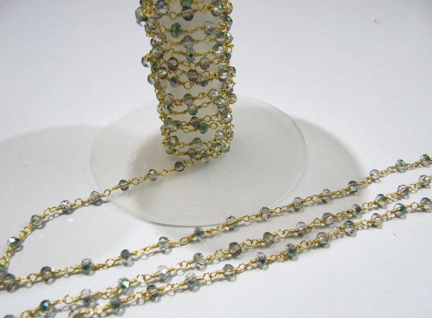 3 Feet-Peacock Pyrite Hydro Quartz AB Coated Rondelle 3mm Faceted Beaded Rosary Chain High Quality Wholesale Price Crystal Chain