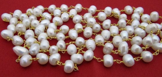 Natural Pearl 6-7mm- Wire Wrapped Smooth Plain Beads Rosary Beaded Chain Gemstone Link Chain Wholesale Prices Sold per foot