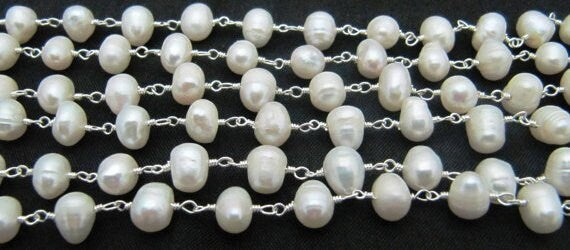 Natural Pearl 6-7mm- Wire Wrapped Smooth Plain Beads Rosary Beaded Chain Gemstone Link Chain Wholesale Prices Sold per foot