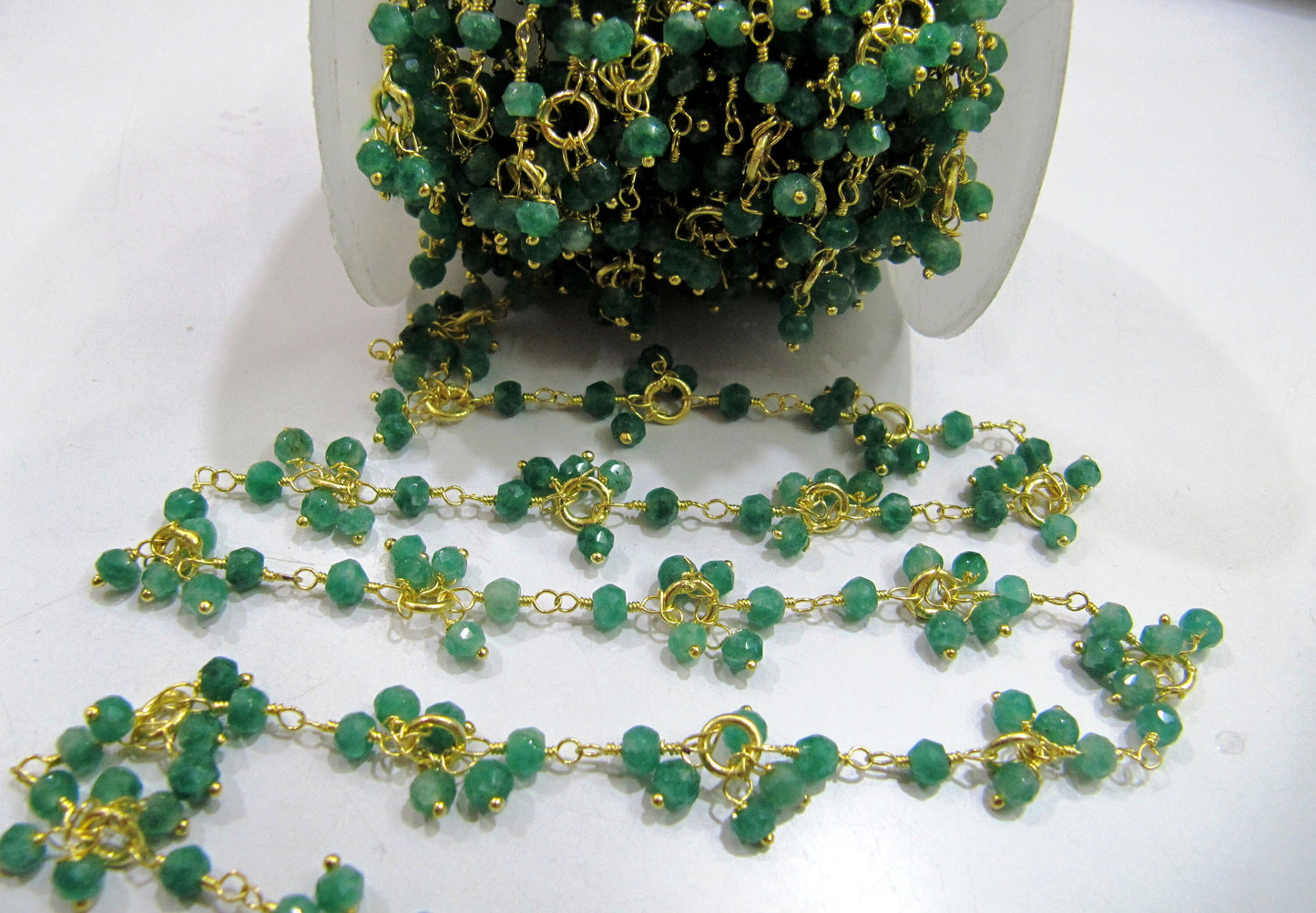 1 Foot-  Dyed Emerald Beaded Gemstone Flower Chain Rondelle faceted Beads 3 to 4mm size, Dangling Chain Semi Precious Stones Jewelry Chains