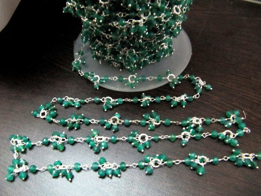 1 Foot - Natural Green Onyx beaded Flower Chain, Beads 3 to 4mm Rondelle faceted,Cluster Rosary Dangling Chain Semi Precious Beads