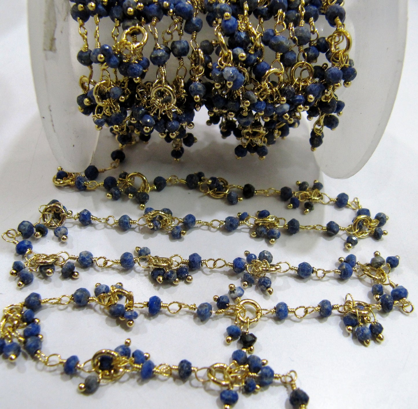 Natural Lapis lazuli Beaded Gemstone Flower Chain Rondelle faceted Beads 3 to 4mm size, Cluster Dangling Chain Sold per FOOT