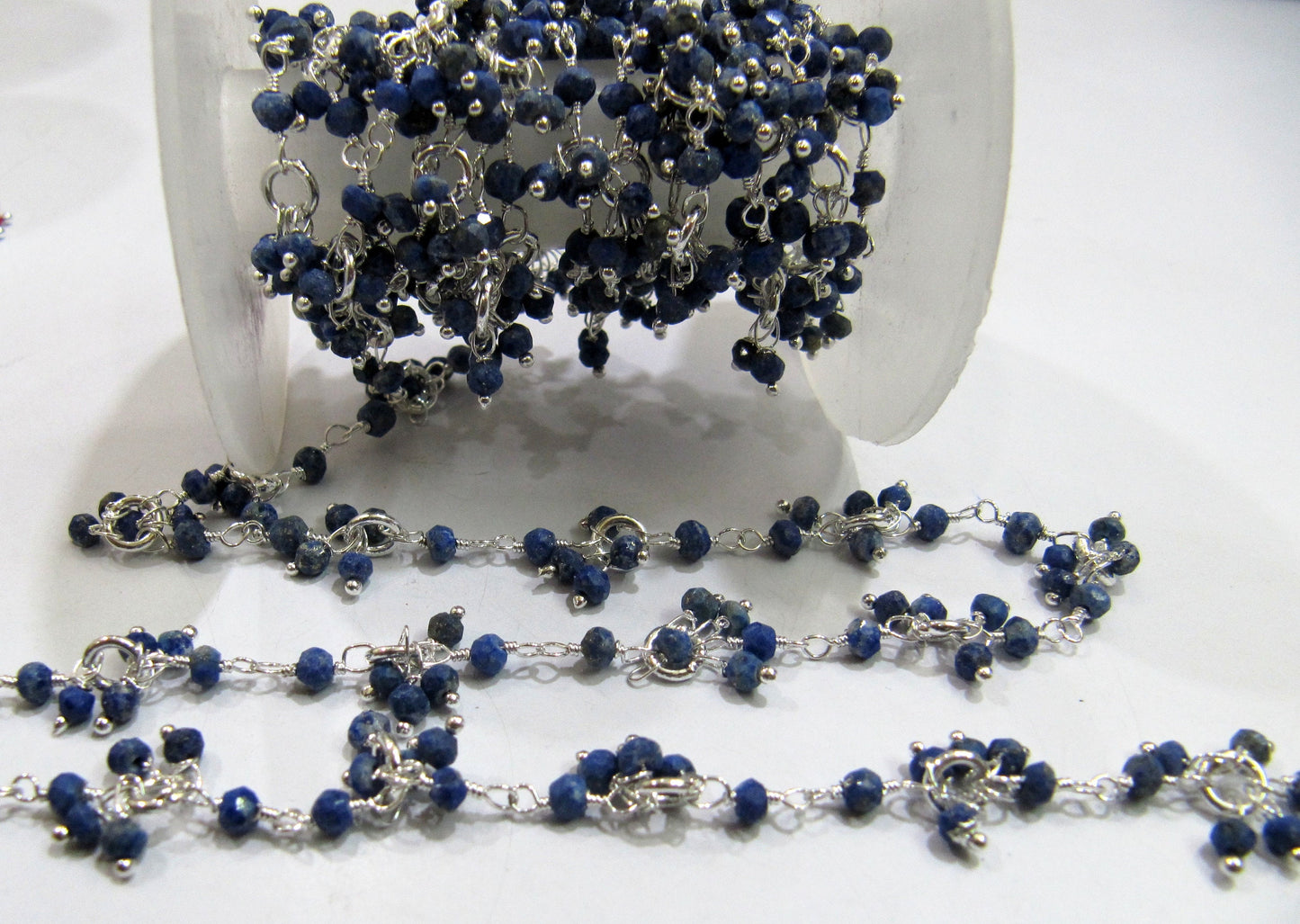 Natural Lapis lazuli Beaded Gemstone Flower Chain Rondelle faceted Beads 3 to 4mm size, Cluster Dangling Chain Sold per FOOT