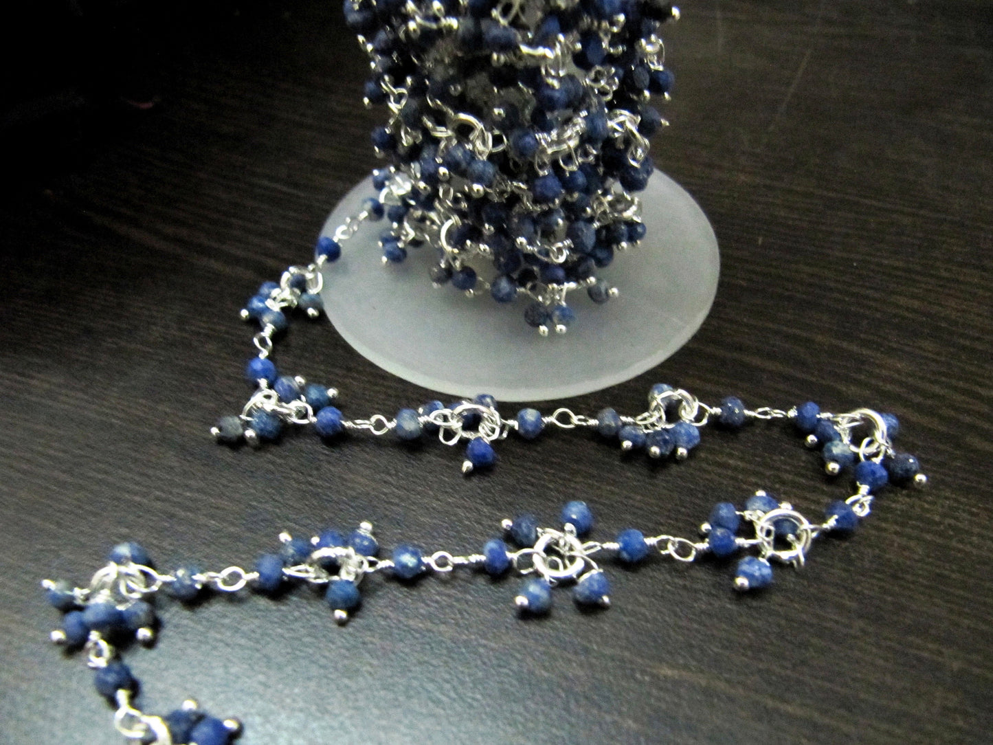 Natural Lapis lazuli Beaded Gemstone Flower Chain Rondelle faceted Beads 3 to 4mm size, Cluster Dangling Chain Sold per FOOT