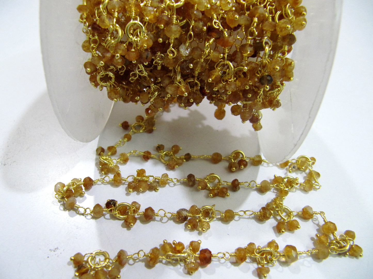 Natural Hessonite Garnet Beaded Flower Cluster Chain, Rondelle faceted 3-4mm beads Handmade Dangling Chain sold per foot