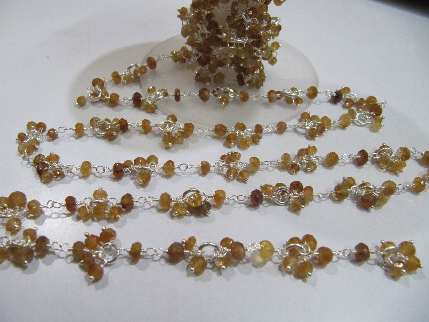 Natural Hessonite Garnet Beaded Flower Cluster Chain, Rondelle faceted 3-4mm beads Handmade Dangling Chain sold per foot