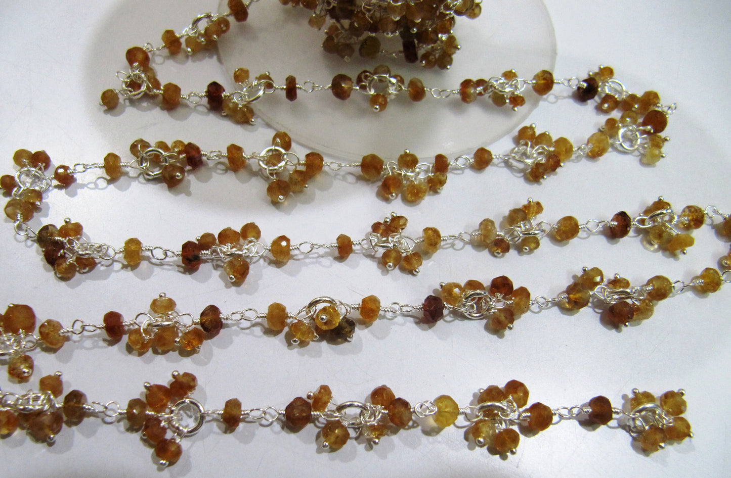 Natural Hessonite Garnet Beaded Flower Cluster Chain, Rondelle faceted 3-4mm beads Handmade Dangling Chain sold per foot