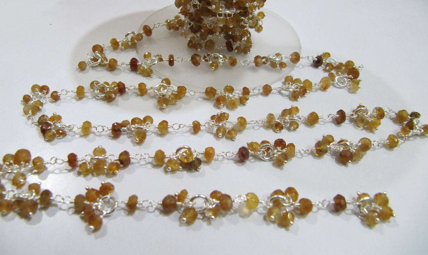Natural Hessonite Garnet Beaded Flower Cluster Chain, Rondelle faceted 3-4mm beads Handmade Dangling Chain sold per foot