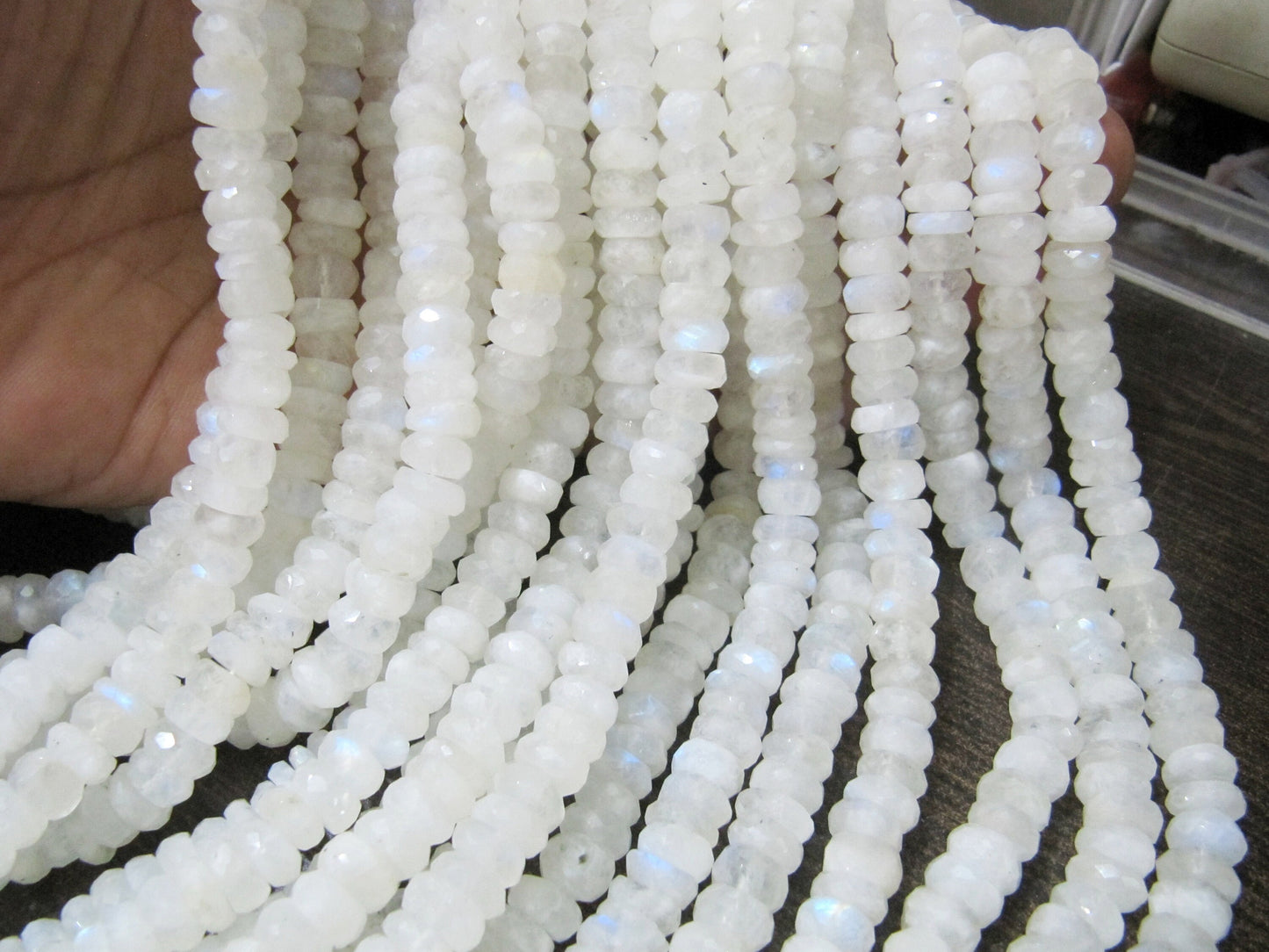 Natural white Rainbow Moonstone Rondelle Faceted Beads 8-9mm Strand 8 inches long Best Quality Blue Flashy Beads Wholesale Prices