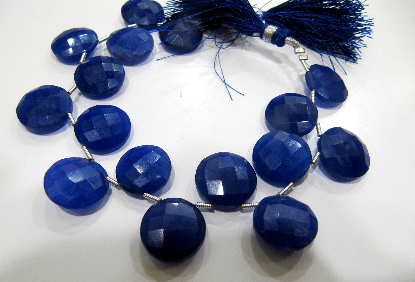 Dyed Blue Sapphire Corundum Round Coin Shape Briolette  Faceted Beads  15 mm  Sapphire Sold per strand  8 inches long Top Quality