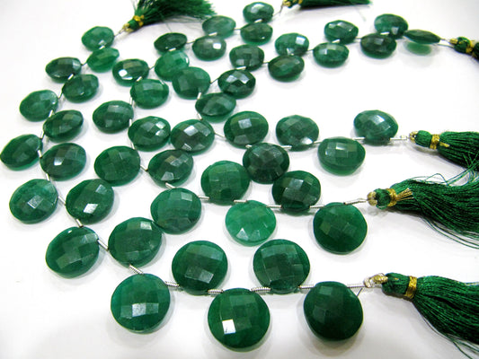 Emerald Corundum Round Coin Shape Briolette  Faceted Beads  15 mm  Sold per strand  8 inches long Top Quality green gemstone
