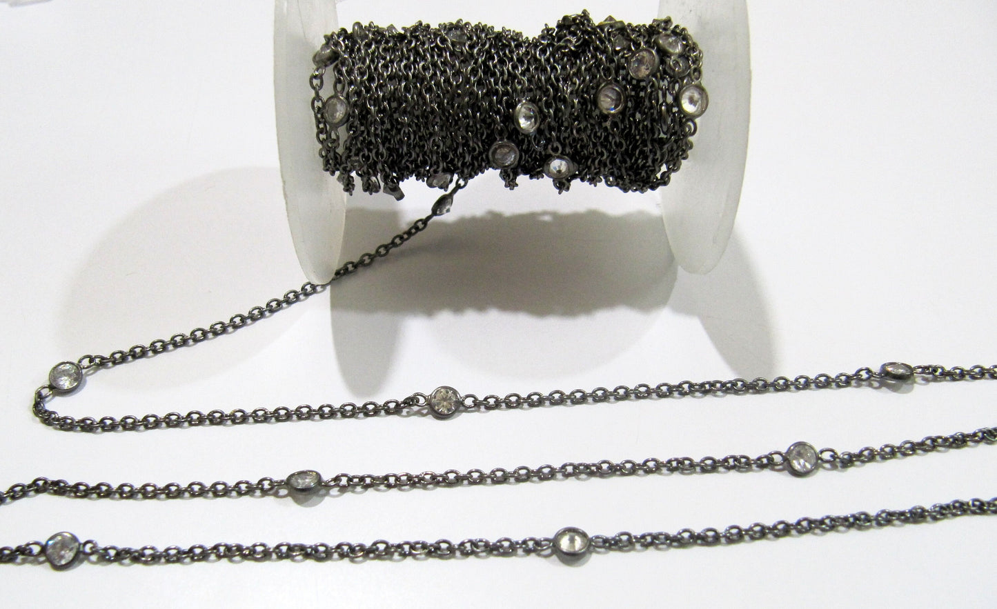 92.5% Sterling Silver White Round Cubic Zirconia 4mm bezel Connector Station Chain Sold Per Feet Top Quality Wholesale Price