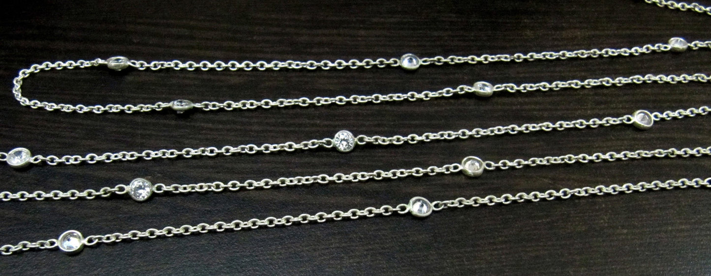 92.5% Sterling Silver White Round Cubic Zirconia 4mm bezel Connector Station Chain Sold Per Feet Top Quality Wholesale Price