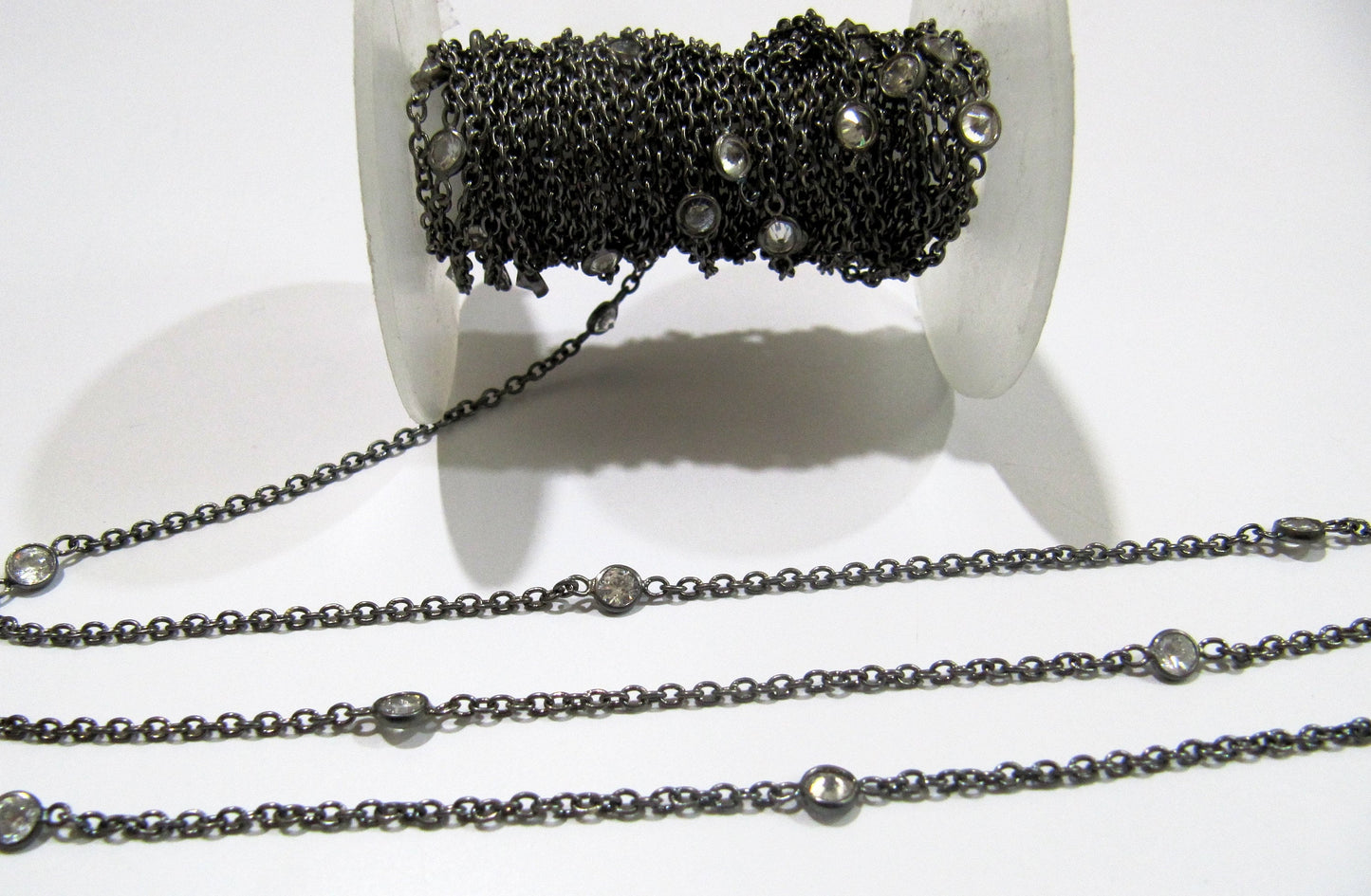 92.5% Sterling Silver White Round Cubic Zirconia 4mm bezel Connector Station Chain Sold Per Feet Top Quality Wholesale Price