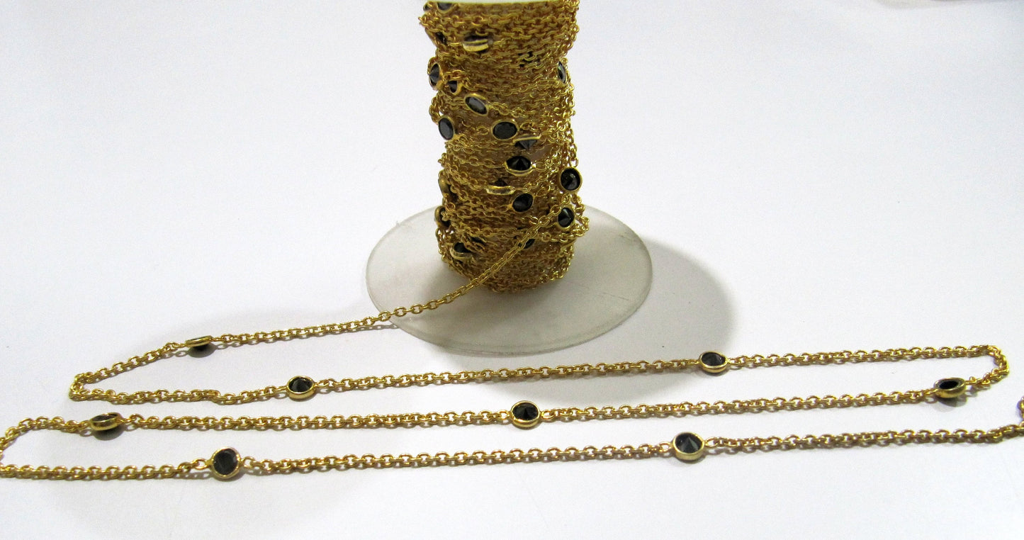 Natural Black Spinel Round 4mm Sterling Silver  bezel Connector Station Chain Sold Per Feet Top Quality Wholesale Price Jewelry Making Chain