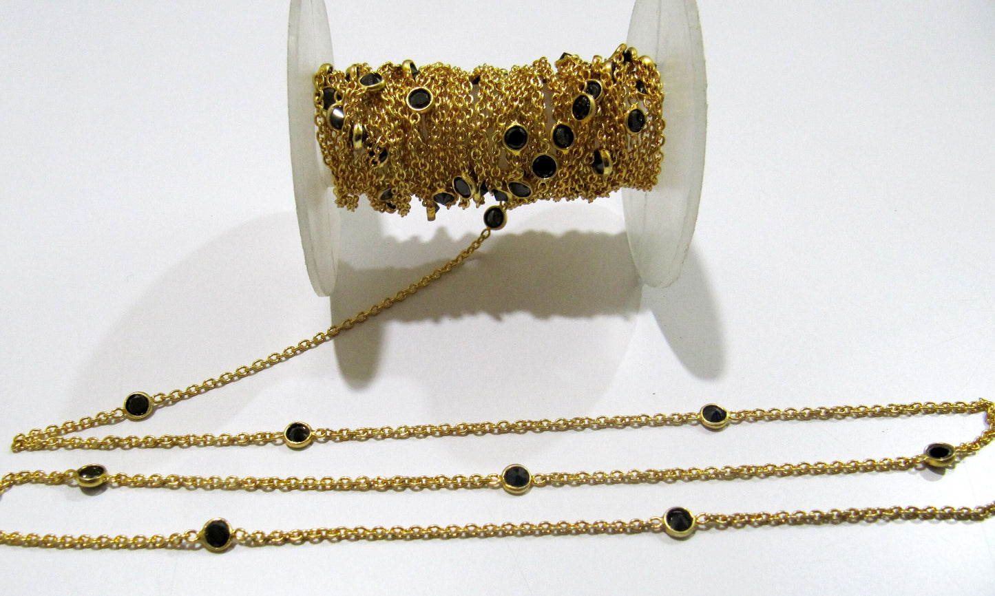 Natural Black Spinel Round 4mm Sterling Silver  bezel Connector Station Chain Sold Per Feet Top Quality Wholesale Price Jewelry Making Chain