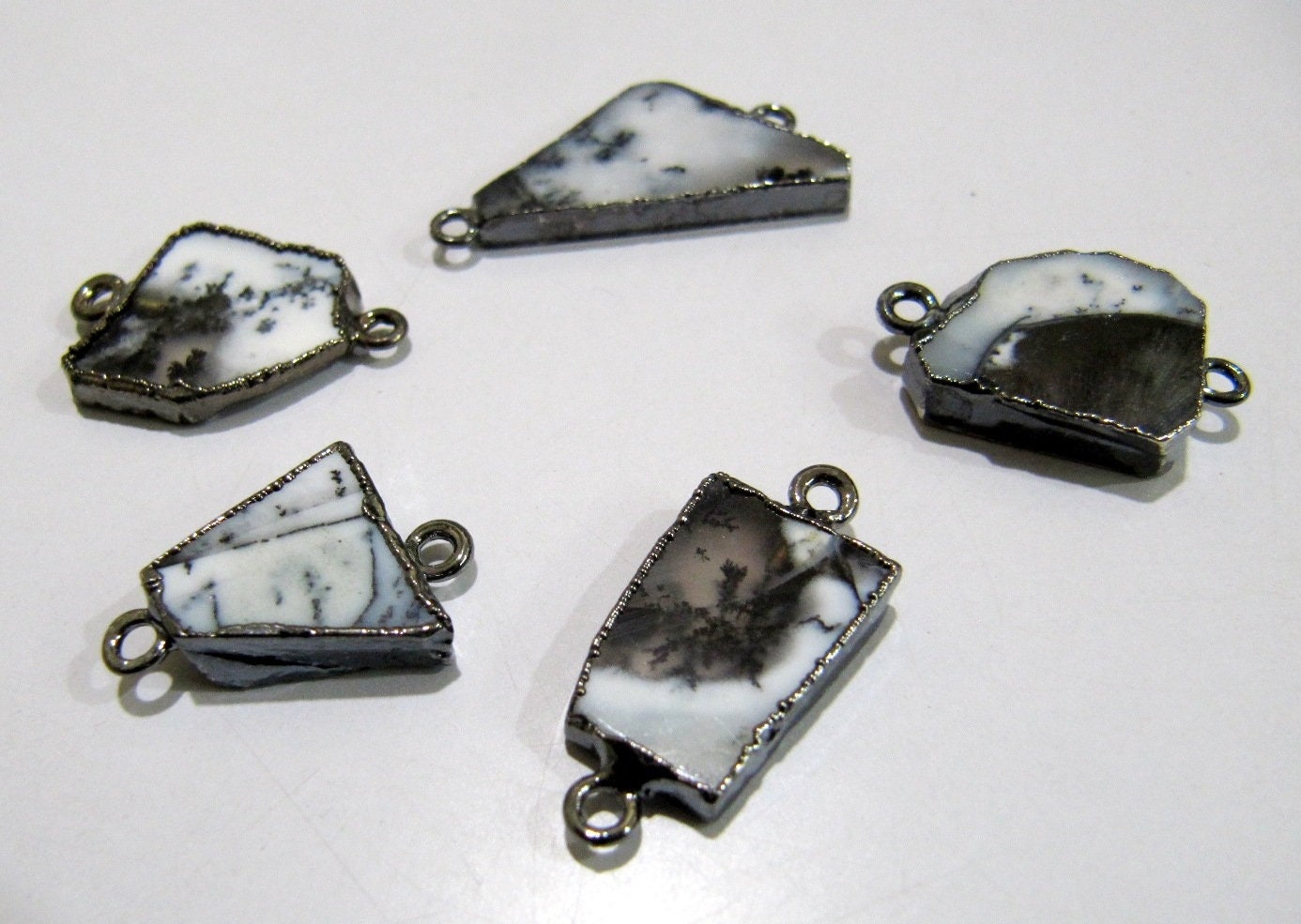 Natural Dendritic Opal Slice Connector Free Form Double Loop 1 inch approximately Top Quality Electroplated Connectors Choose Plating