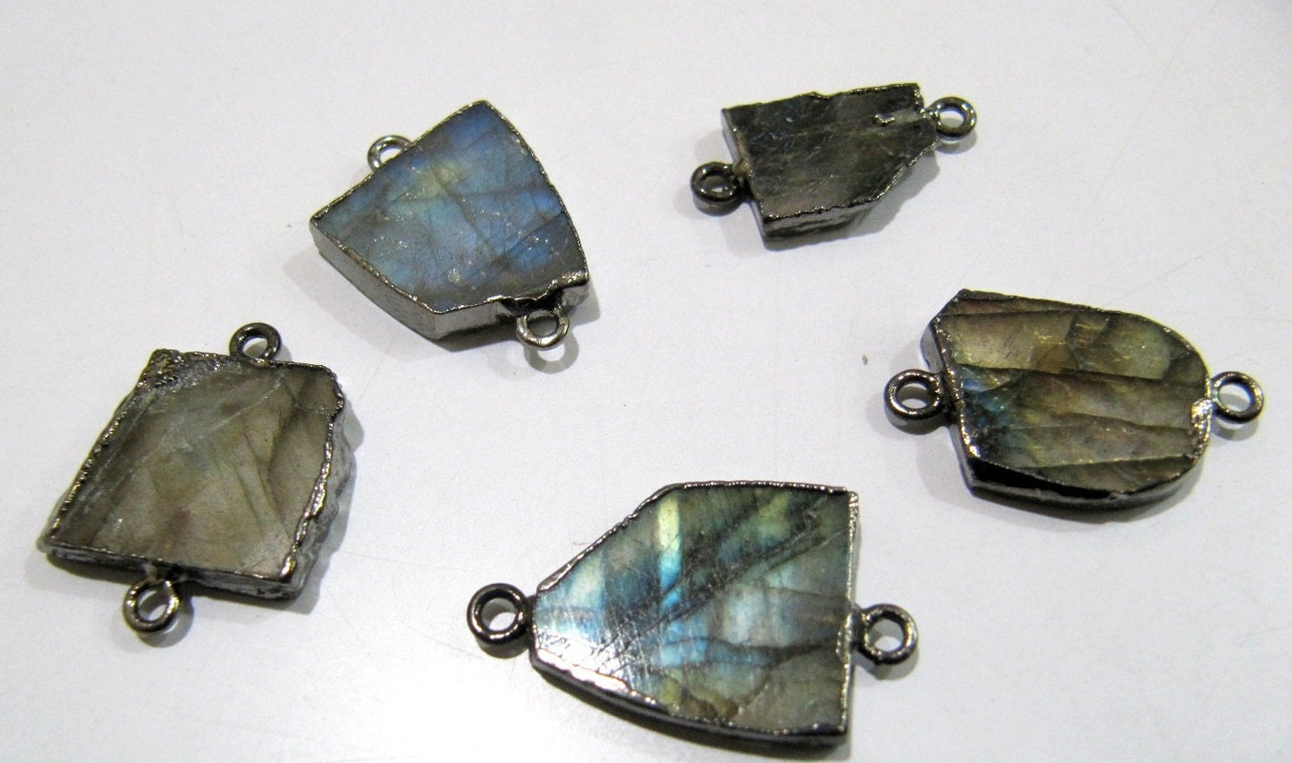 2Pc.- Natural Labradorite Slice Connector Free Form Double Loop 1 inch approximately Top Quality Edge Electroplated Connectors