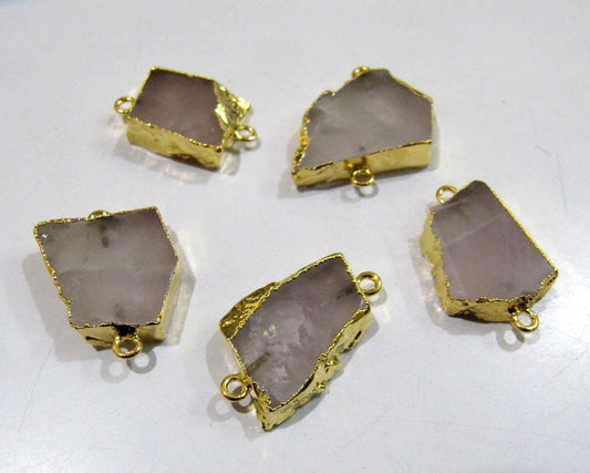 2 pieces- Natural Rose Quartz Slice Connector Free Form Double Loop 1 inch approximately Top Quality Electroplated Connectors charm