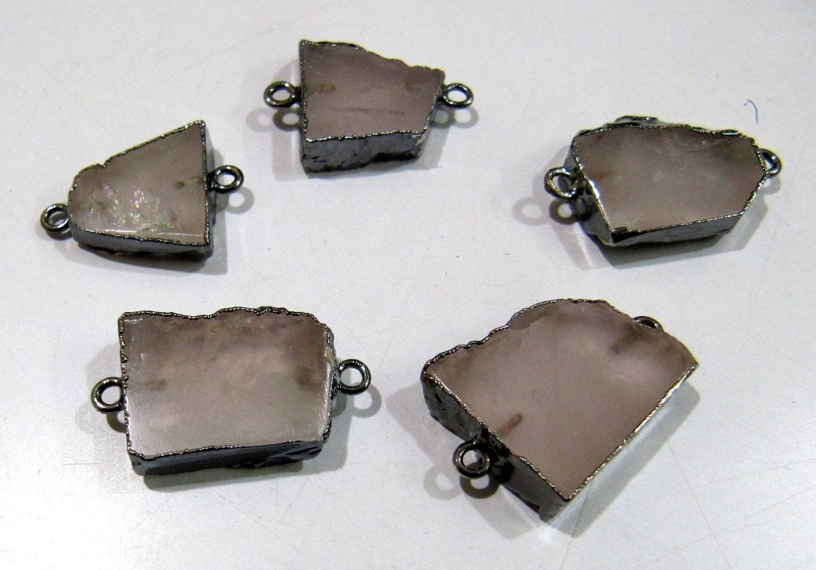 2 pieces- Natural Rose Quartz Slice Connector Free Form Double Loop 1 inch approximately Top Quality Electroplated Connectors charm