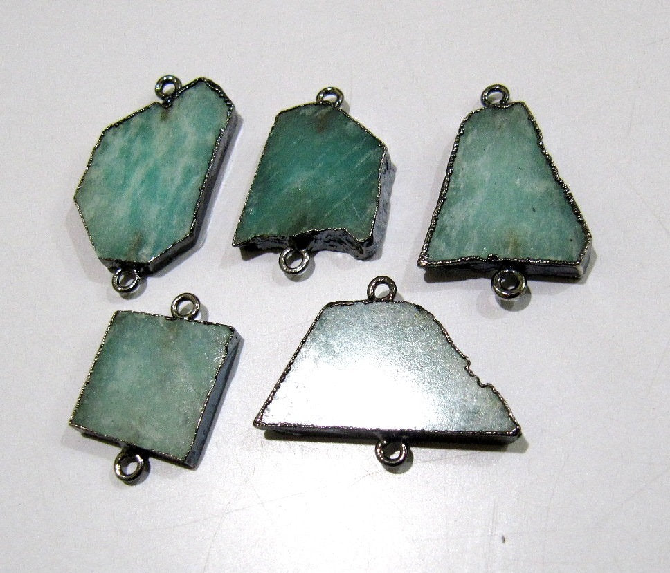 2 Piece- Natural Amazonite Slice Connector Free Form Double Loop charm 1 inch approximately Top Quality  Electroplated Jewelry making bezel