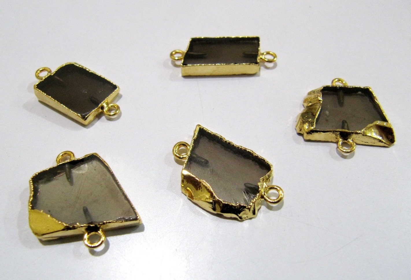 2Pc.- Natural Smoky Quartz Slice Connector Free Form Double Loop 1 inch approximately Top Quality Electroplated Connectors charms